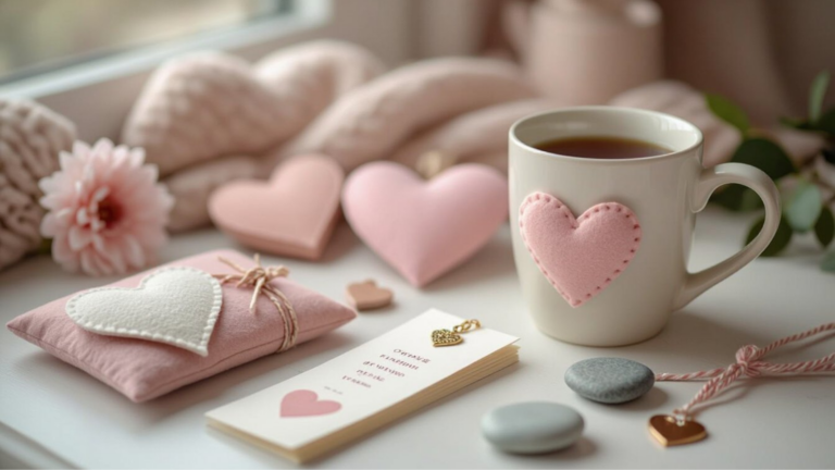 A soft, cozy Valentine craft scene with stitched felt heart decorations, a white mug with a pink heart, a handmade bookmark, and small heart accents arranged on a light tabletop — gentle, comforting, and handmade.