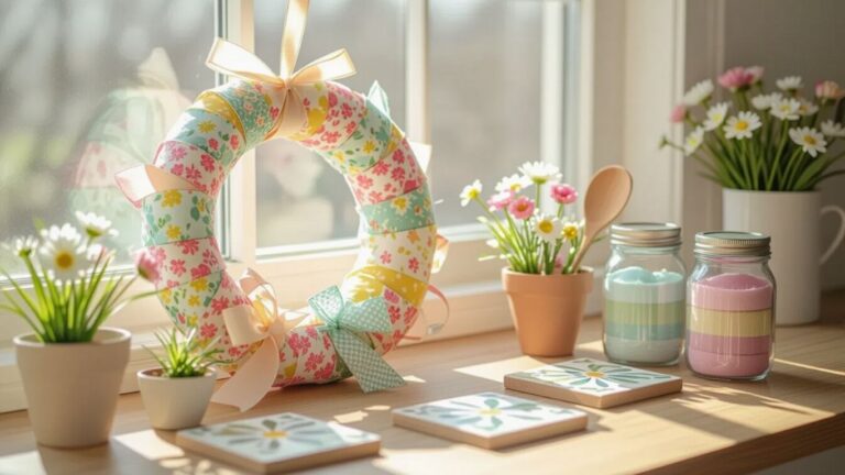 Colorful spring crafts including a fabric wreath, painted tile coasters, decorated mason jars with bath salts, wooden spoon garden labels, and flower planters displayed on a sunny table.