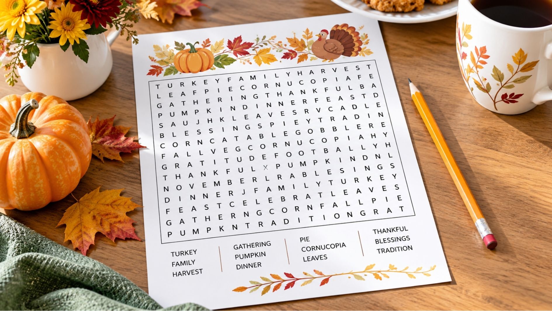 Printable Thanksgiving word search with pencil, pumpkin, and colorful fall leaves on a table