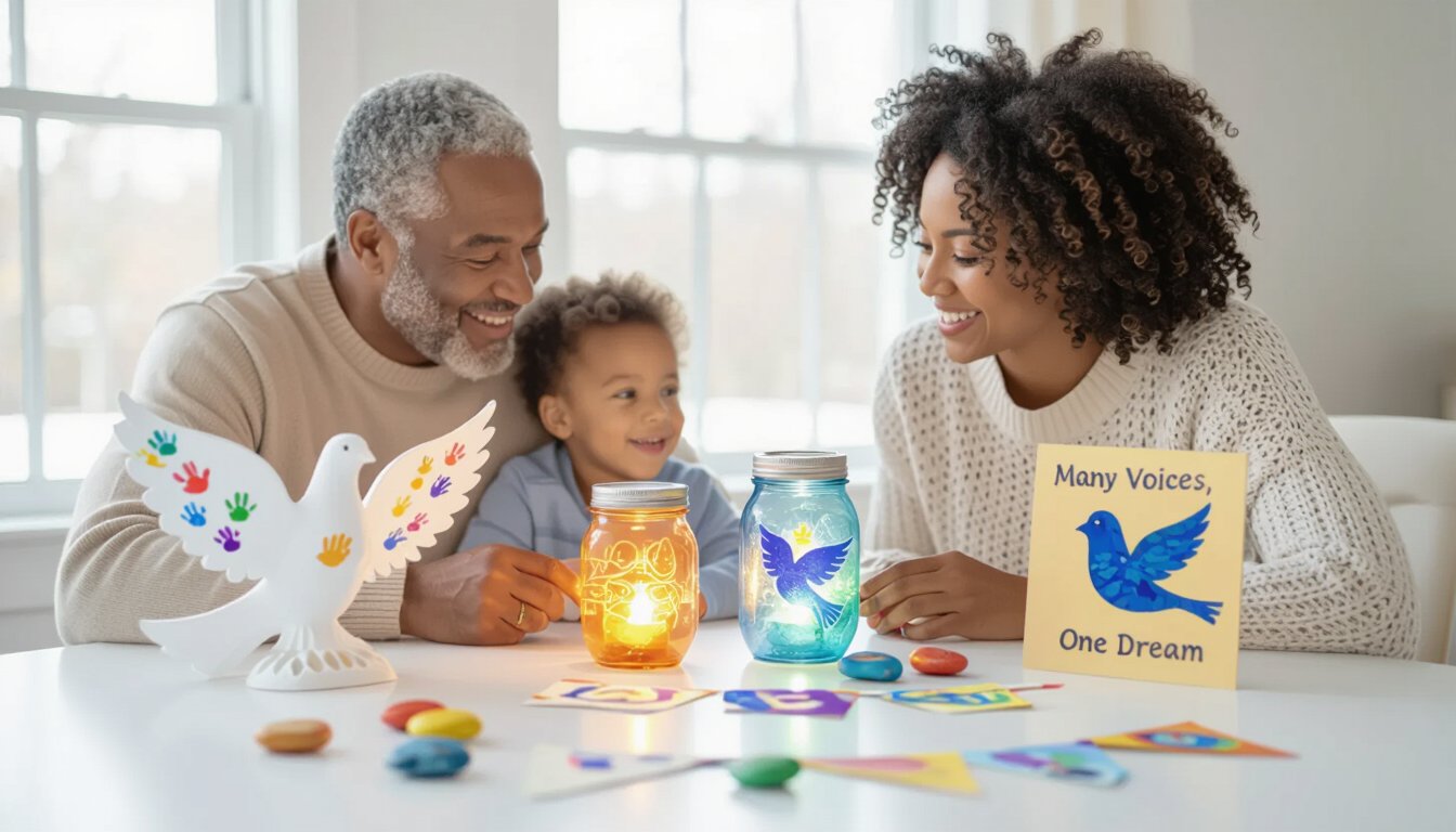 7 Meaningful MLK Day Crafts for Kids & Families (Martin Luther King Jr. Day Activities) 1 Grandparent and child creating unity crafts together at a table, including painted lanterns, colorful rocks, a dove statue, and a ‘Many Voices, One Dream’ sign.