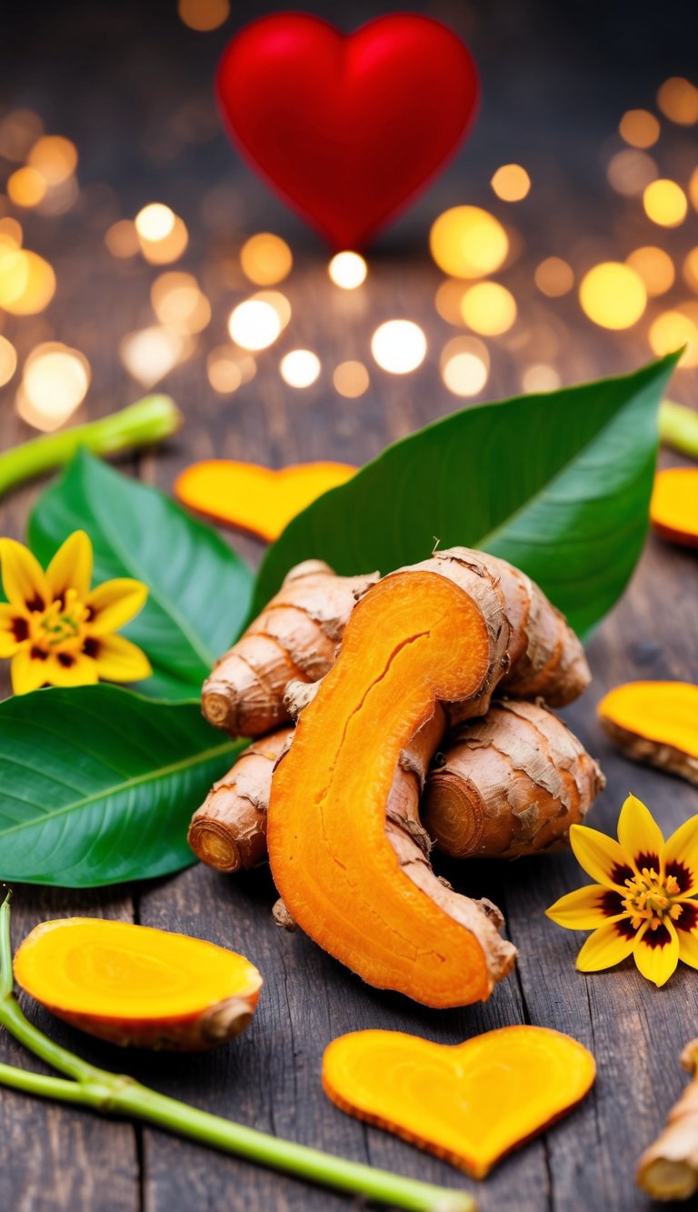 12 Powerful Benefits of Turmeric +1 Bonus Seniors Will Love 5 A vibrant scene of turmeric roots, leaves, and flowers surrounded by heart-shaped symbols and a healthy heart in the background