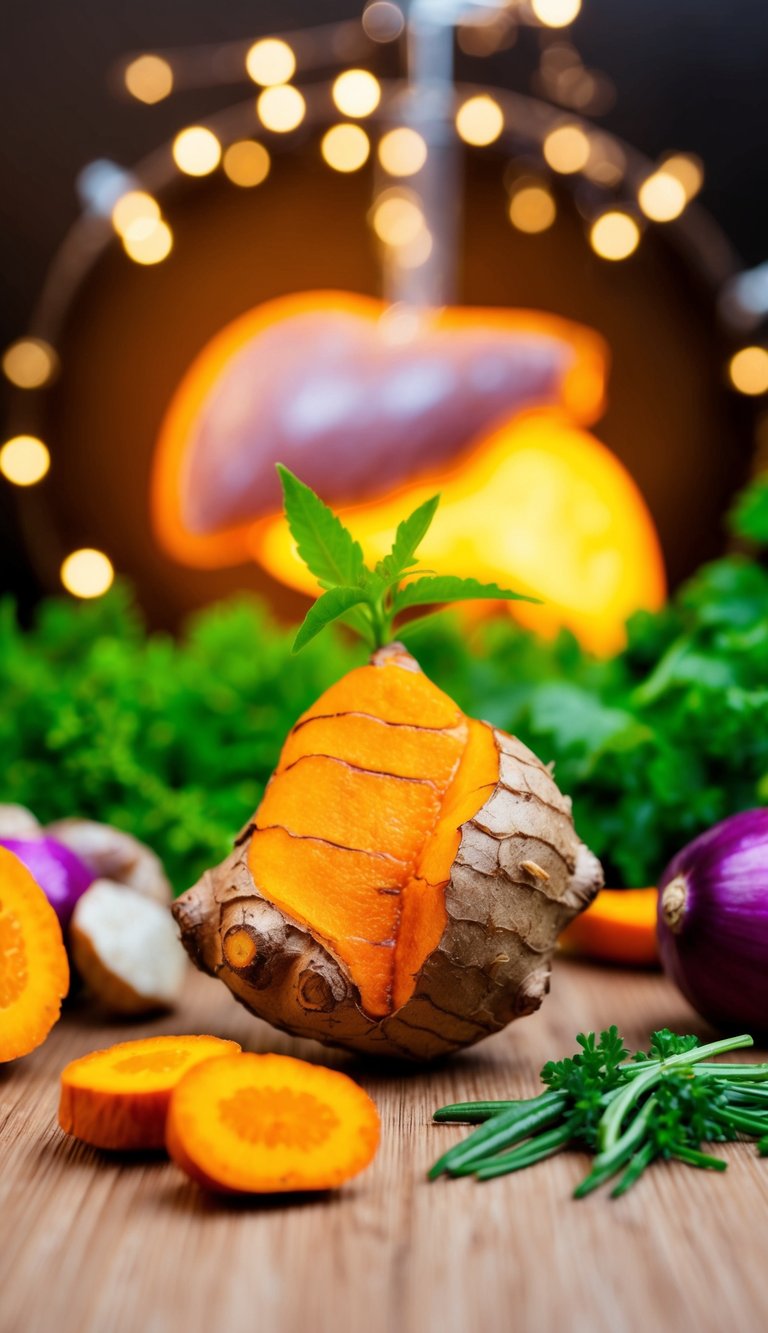 12 Powerful Benefits of Turmeric +1 Bonus Seniors Will Love 11 A vibrant turmeric root surrounded by liver-protective foods and herbs, with a glowing liver in the background