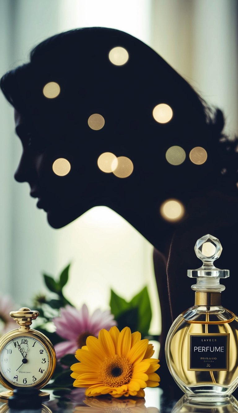 12 Surprising Facts About Body Odor and Aging for Older Women 2 A woman's silhouette surrounded by various age-related items: a clock, a flower, and a bottle of perfume, with subtle wafts of scent in the air