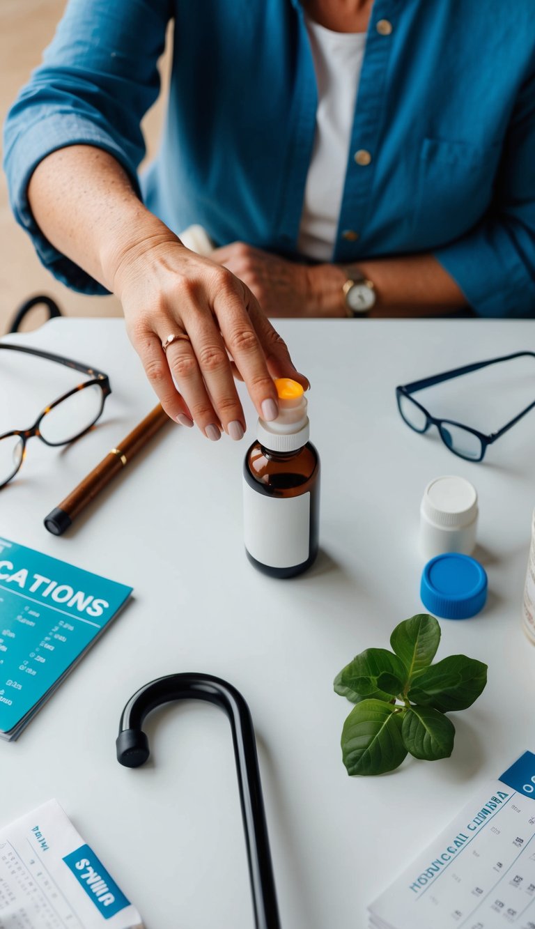 12 Surprising Facts About Body Odor and Aging for Older Women 6 A woman's hand reaching for a bottle of medication, surrounded by various aging-related items like a cane, reading glasses, and a calendar