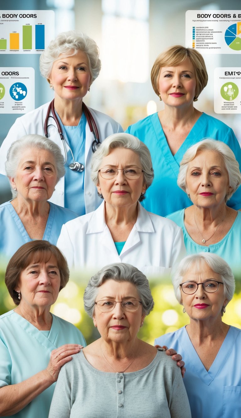 12 Surprising Facts About Body Odor and Aging for Older Women 7 A group of older women with various medical conditions, emitting different types of body odors, surrounded by informative graphics and charts