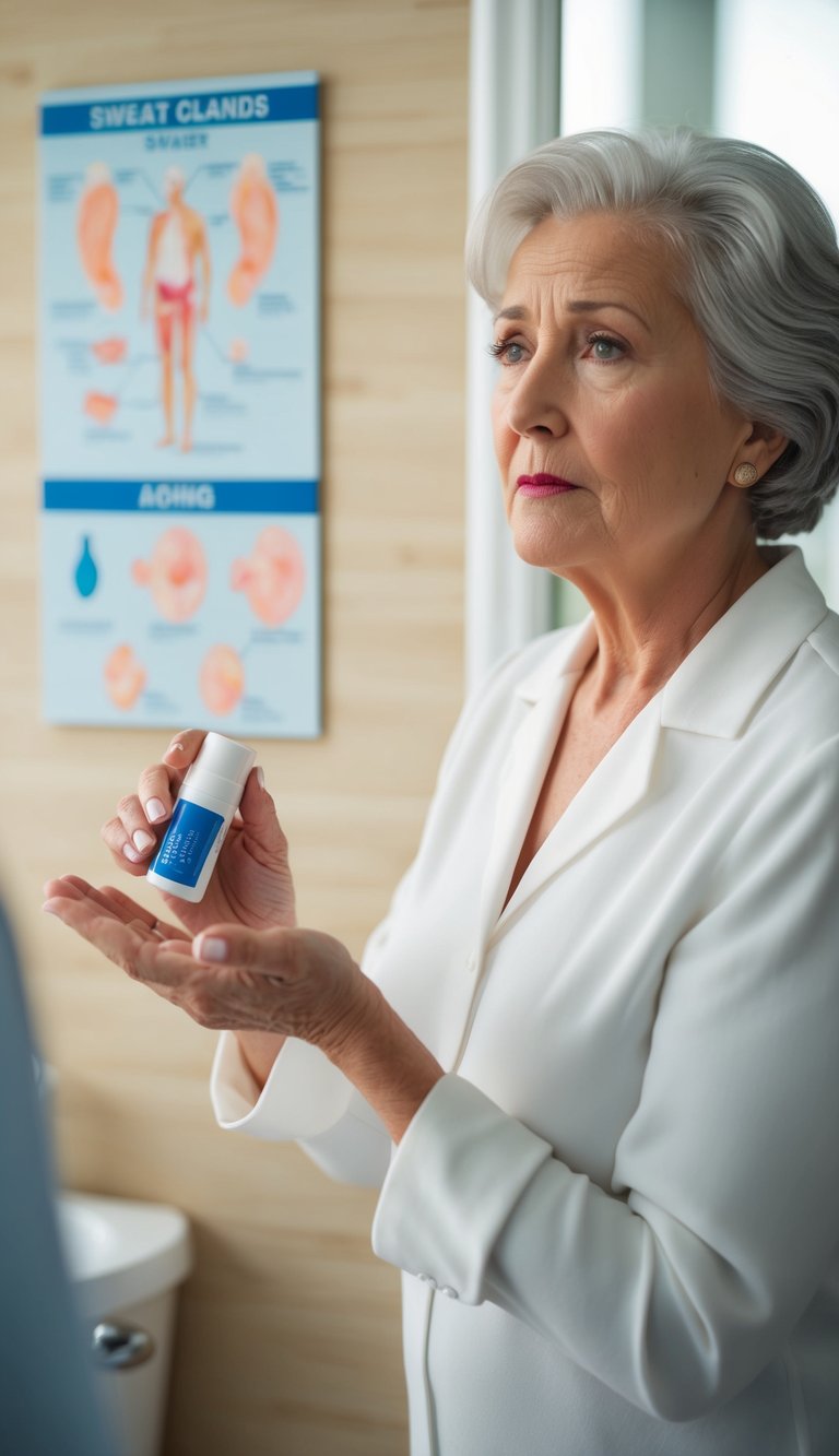12 Surprising Facts About Body Odor and Aging for Older Women 8 An older woman standing in front of a mirror, looking concerned as she holds a deodorant stick, with various diagrams of sweat glands and aging displayed on the wall behind her