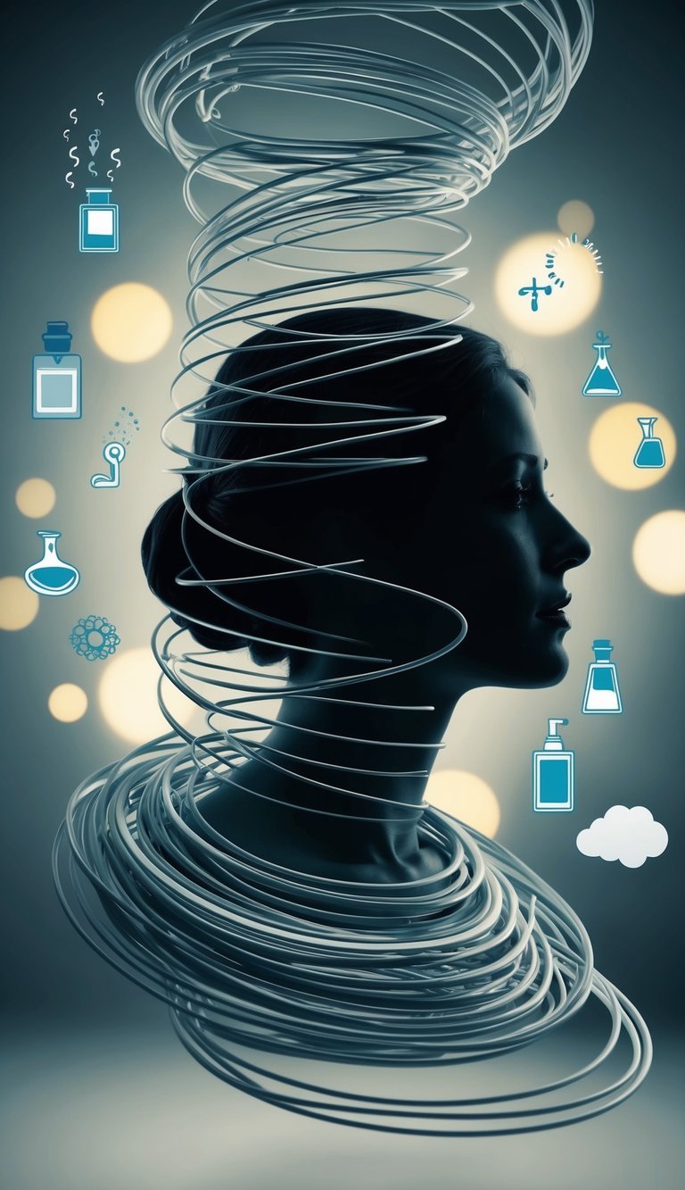 12 Surprising Facts About Body Odor and Aging for Older Women 10 A woman's silhouette surrounded by swirling, tangled lines representing stress and anxiety, with various scents and aging-related symbols floating around her