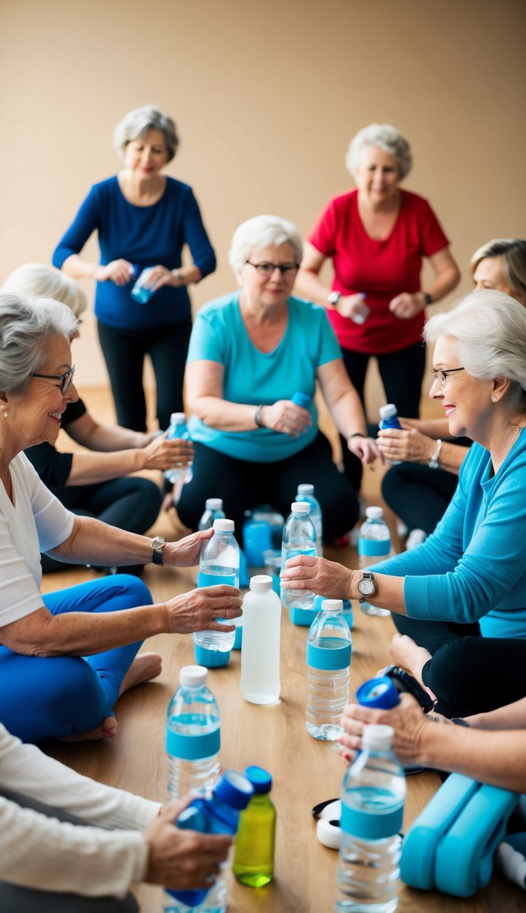 12 Surprising Facts About Body Odor and Aging for Older Women 12 A group of aging women engaging in various activities, surrounded by water bottles and other hydrating items