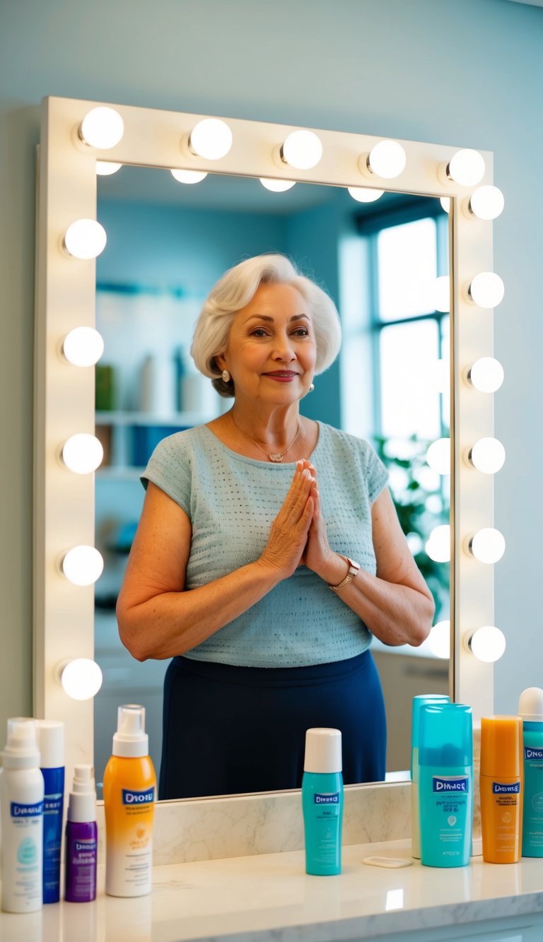 12 Surprising Facts About Body Odor and Aging for Older Women 13 An older woman standing in front of a mirror, with various deodorant and anti-aging products on the counter