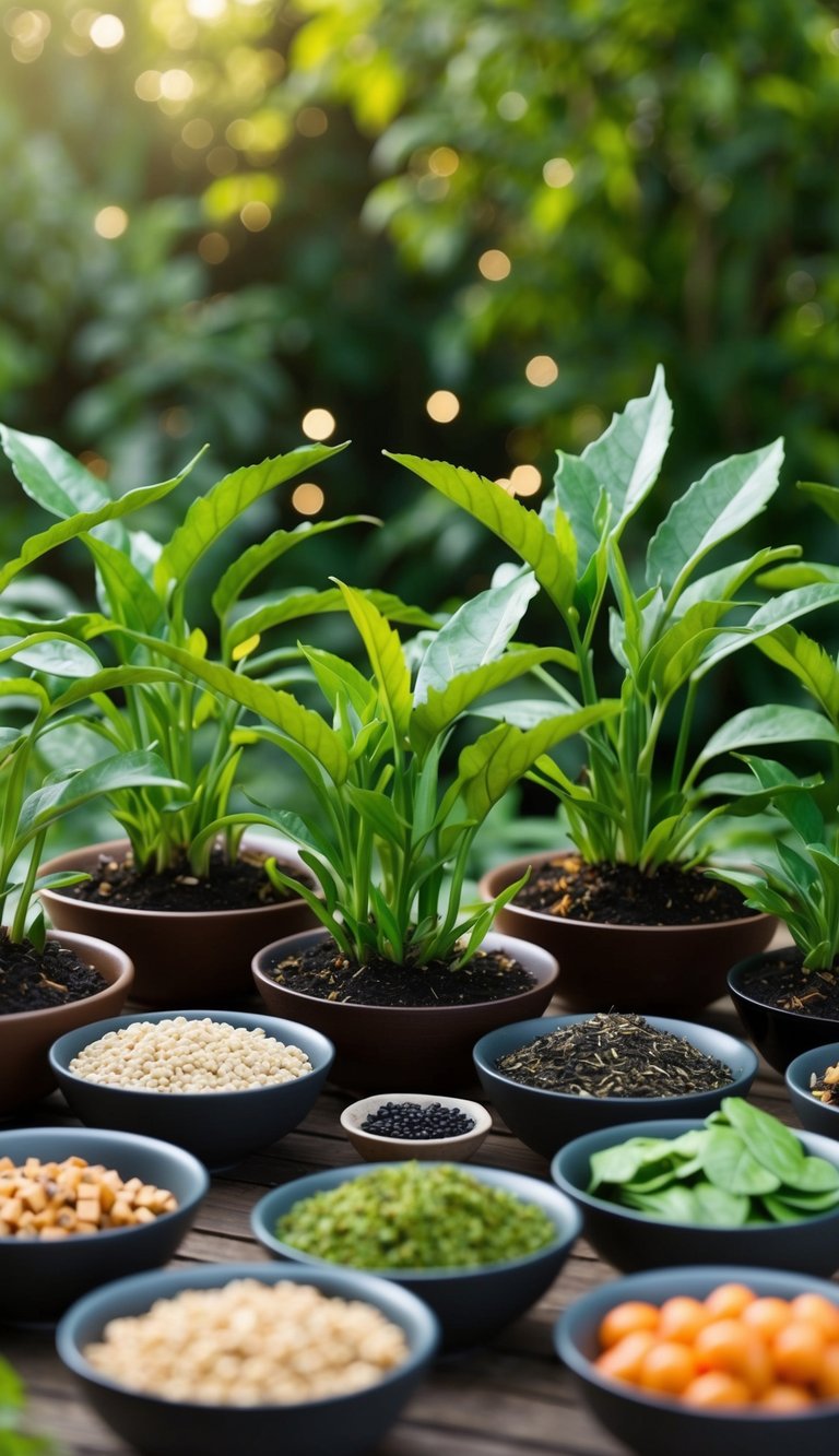 A serene tea garden with a variety of green tea plants surrounded by 14 different types of foods known to promote prostate health