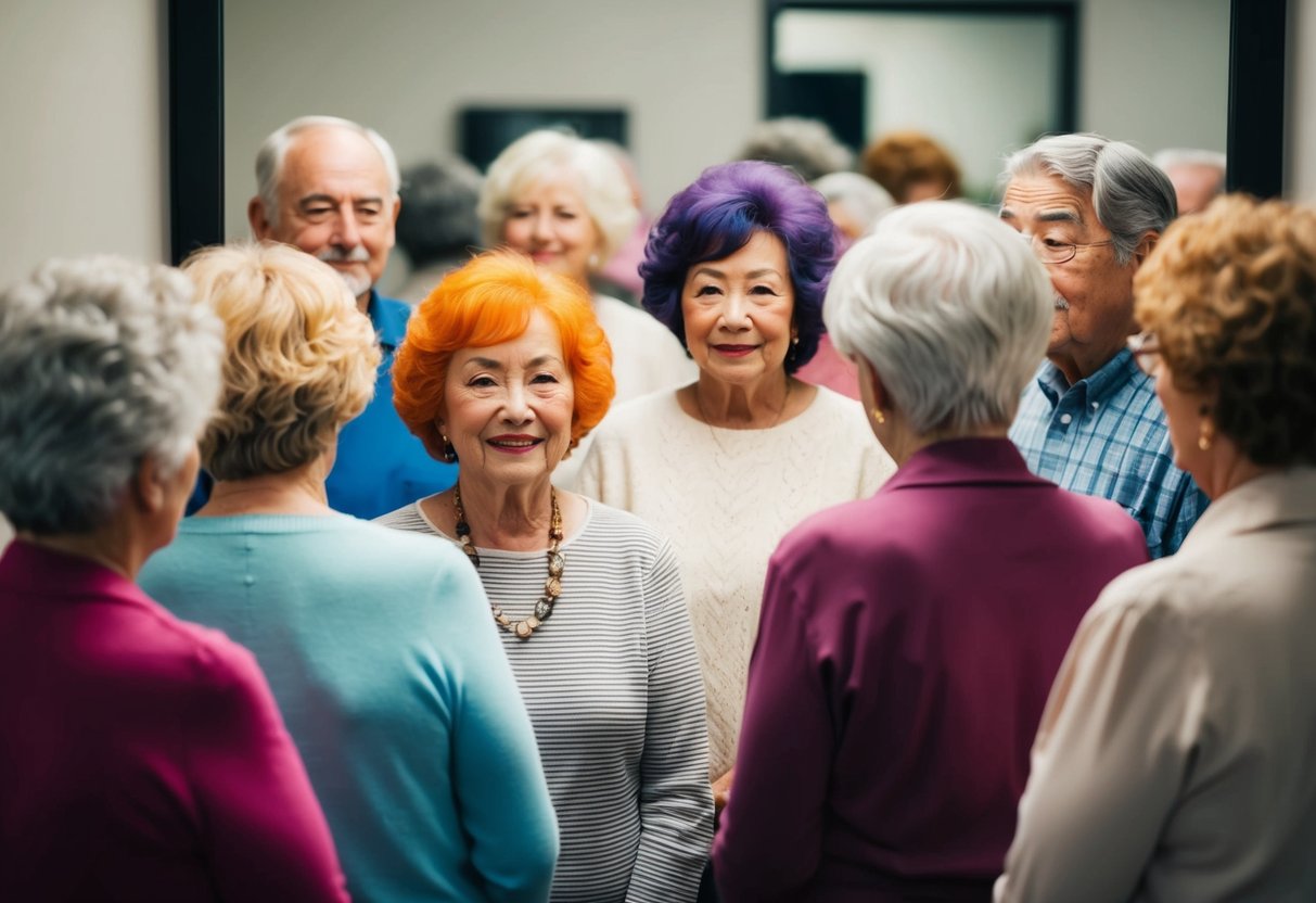 A group of elderly individuals with various hair colors, some vibrant and youthful, others dull and aging, standing in front of a mirror