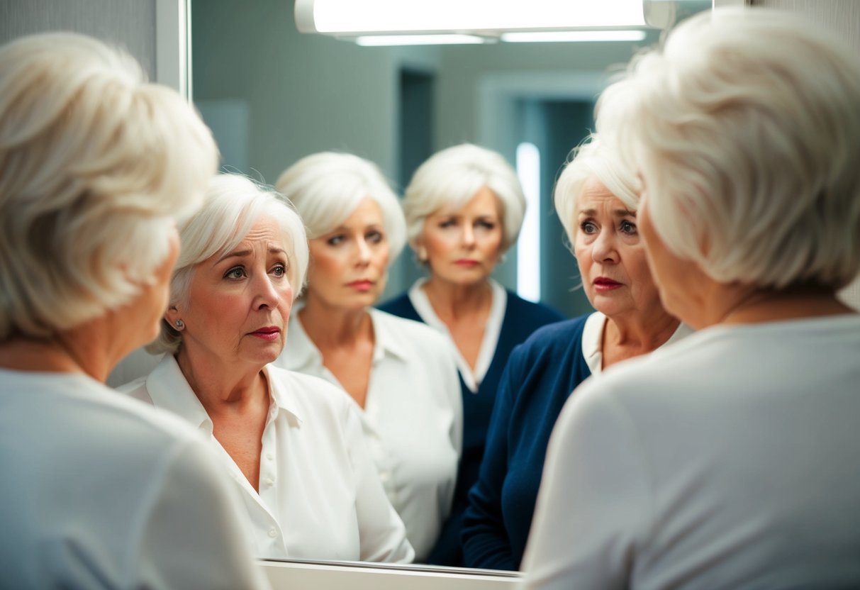 A group of older women with overly platinum blonde hair, looking in the mirror with disappointment
