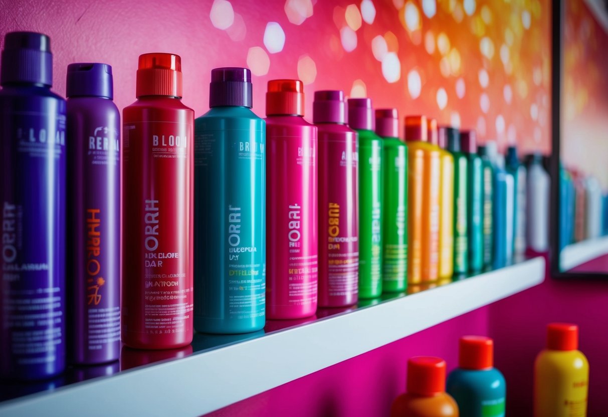 A row of colorful hair dye bottles on a shelf, with a mirror reflecting a youthful, vibrant image