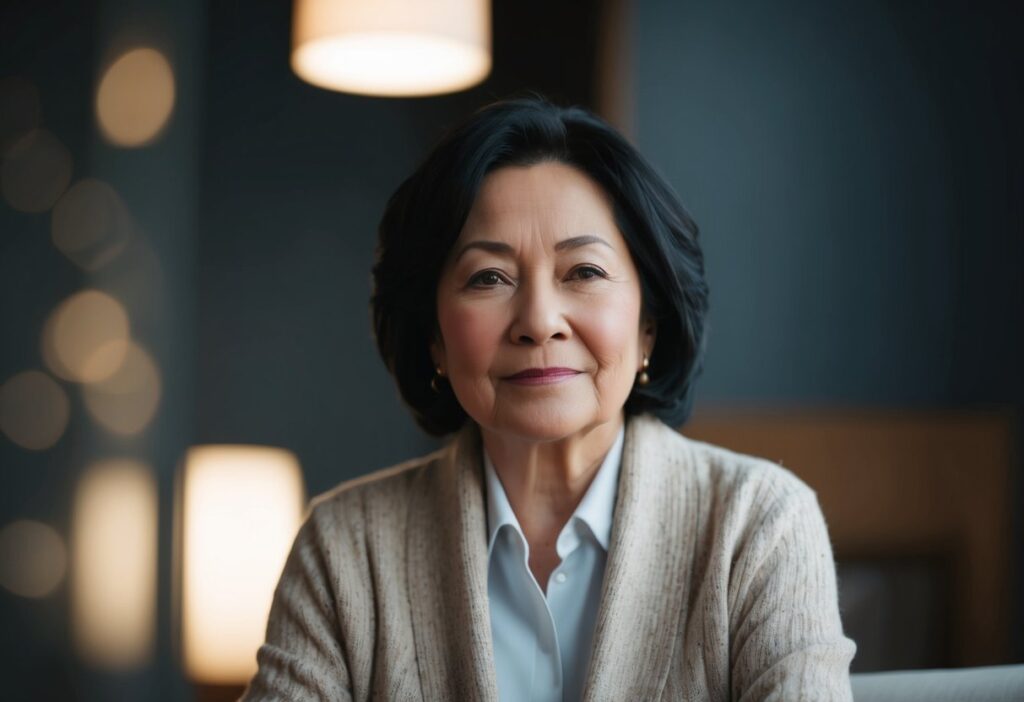 A senior woman with dark black hair