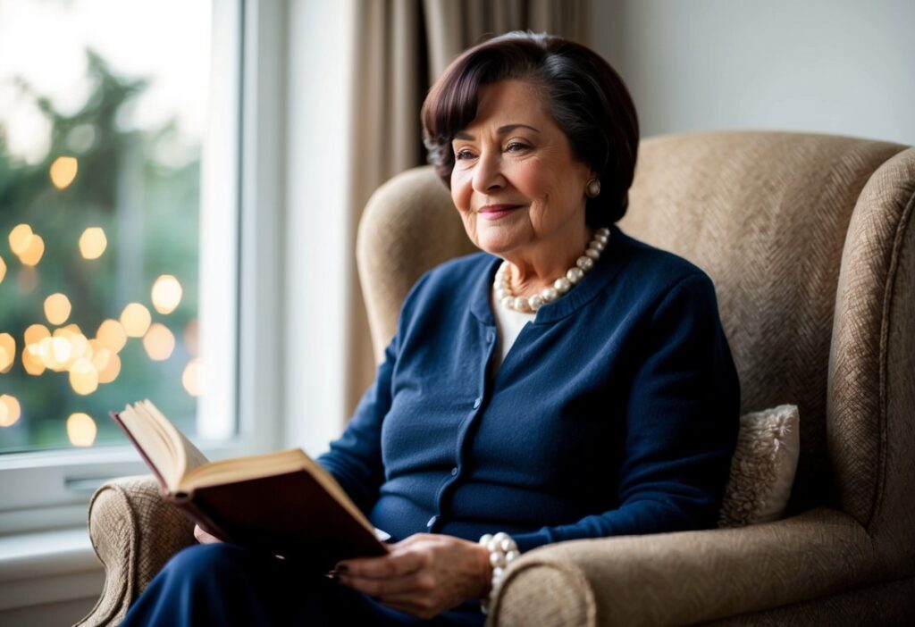 A Senior woman with dark brown hair with no dimension