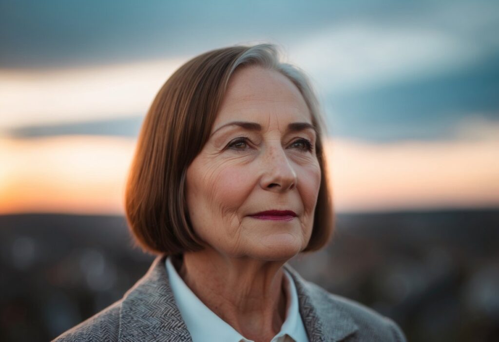 A senior woman with ash brown hair