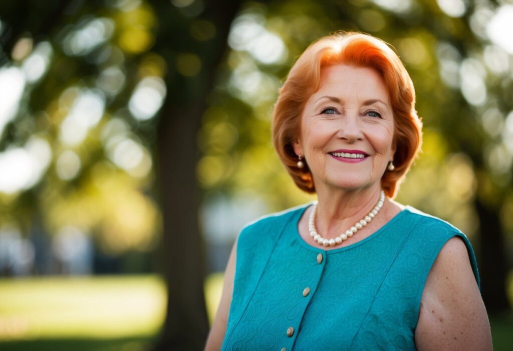 A senior woman with overly bright red hair