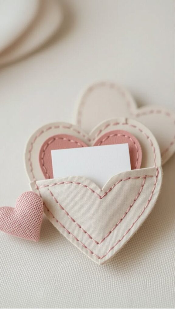 Soft stitched fabric heart with a small pocket holding a memory note, designed as a simple and meaningful Valentine’s Day craft for seniors