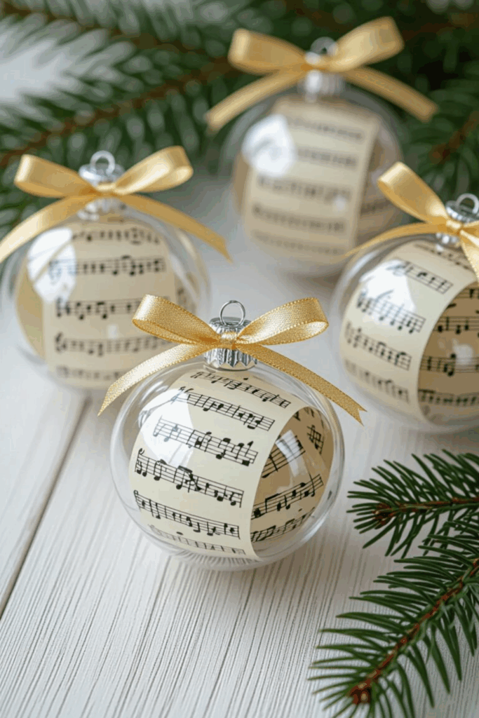 Clear ornaments filled with rolled vintage sheet music tied with gold ribbons and evergreen accents — simple nostalgic Christmas craft for seniors.