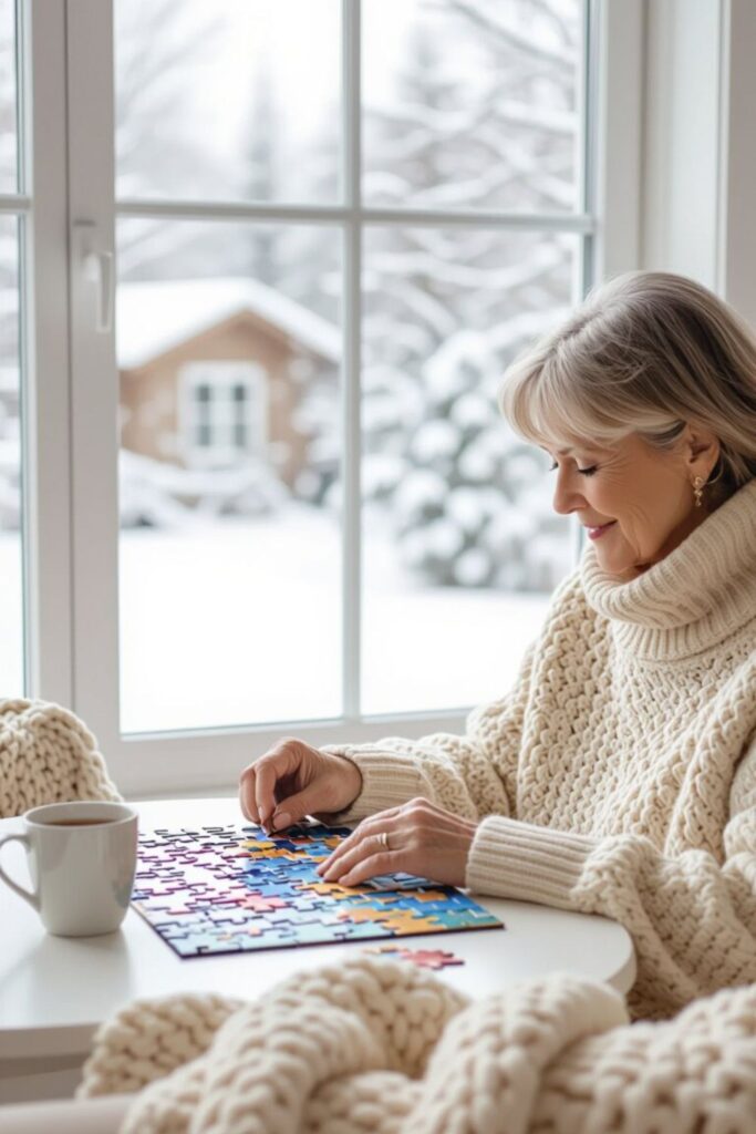 Senior woman in a cozy knit sweater working on a colorful jigsaw puzzle by a bright window with a snowy winter scene in the background, a warm blanket and cup of tea beside her.
